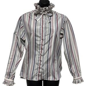 Vintage 80s Evan Picone Bow Blouse Size 10 Geometric Secretary Ruffle Saks 5th